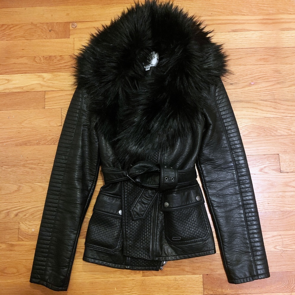 GUESS Leather Jacket w/ Detachable Fur